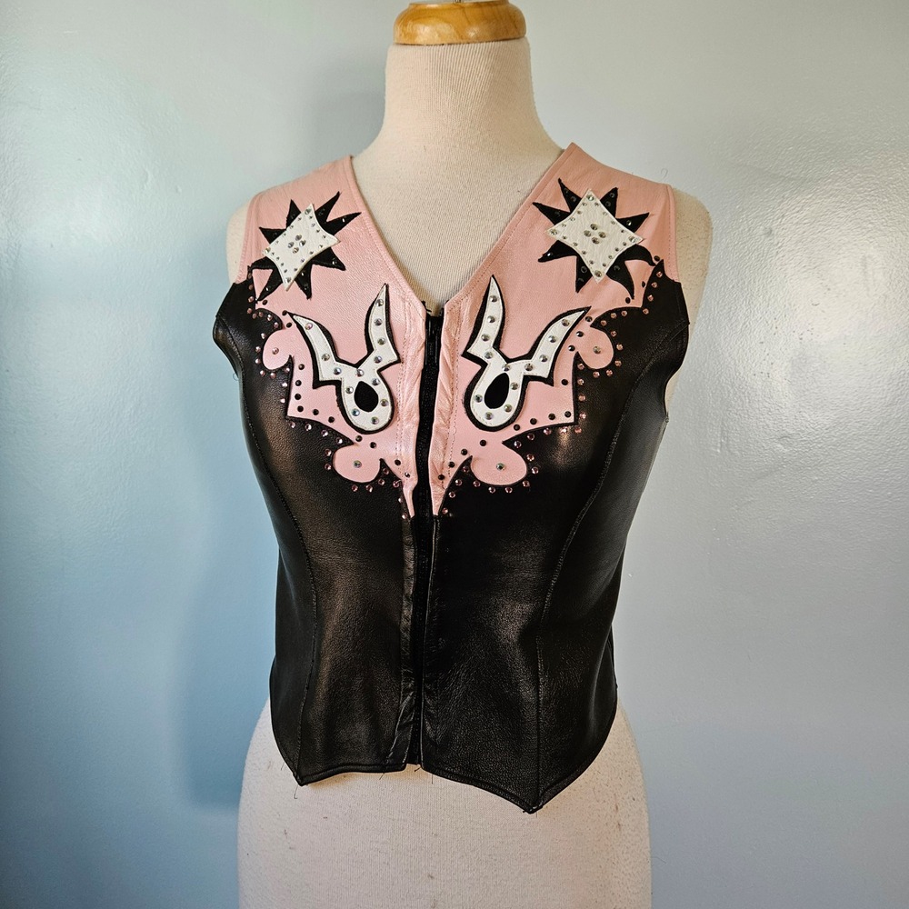 Custom Handmade Leather Western Vest Pink‎ Black Rhinestone Star Rodeo XS